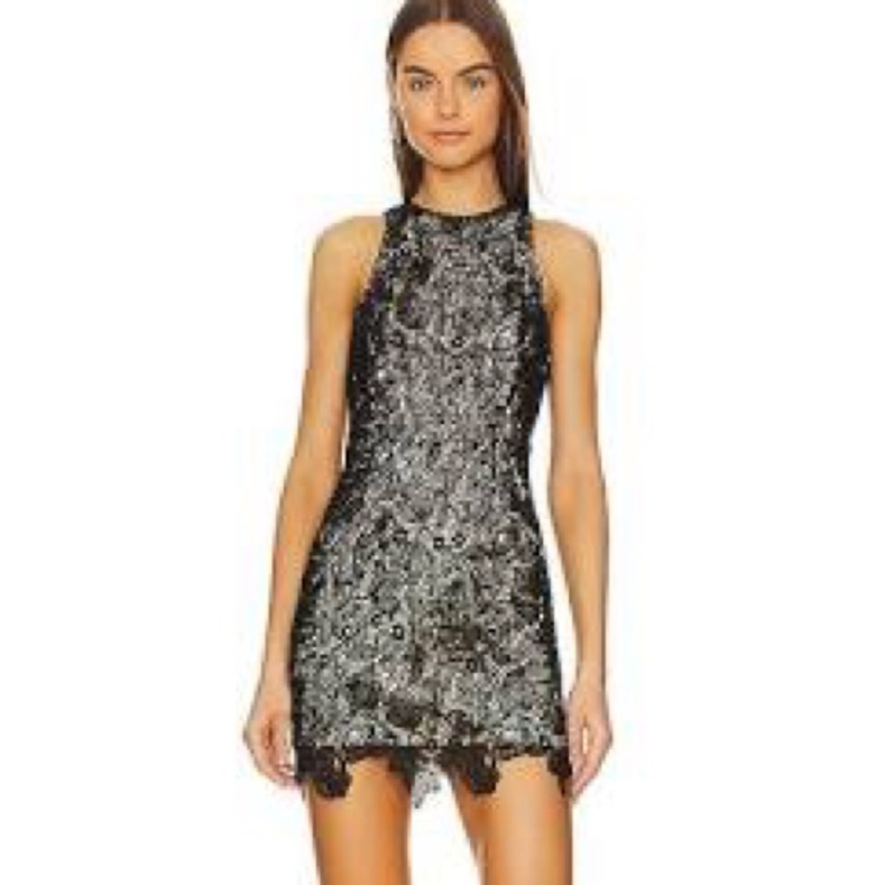 Superdown PATTY HIGH NECK FLORAL CROCHET DRESS IN BLACK